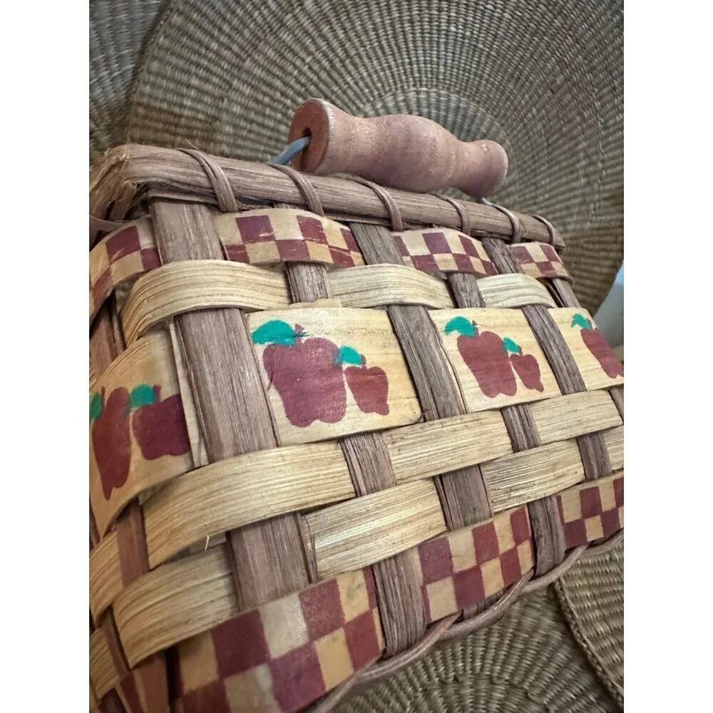 Vintage Woven Basket with Apple Design & Wooden Handle